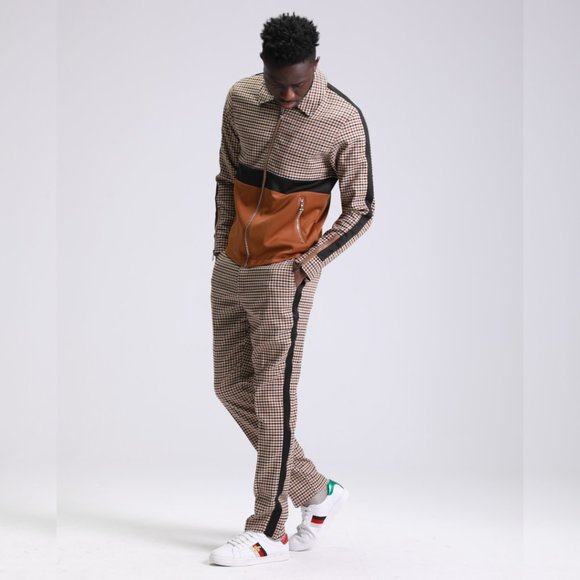 Closeout! Mens Houndstooth Tracksuit 2pc, Brown - Picture 4 of 7